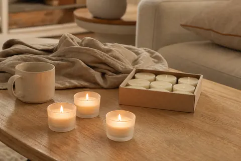 Bougies chauffe-plat parfumées à la vanille allumées dans des photophores en verre dépoli sur une table basse en bois