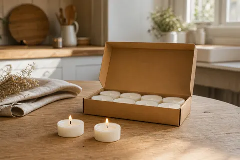 Bougies chauffe-plat en cire de colza dans leur godet blanc, deux allumées près de la boîte kraft ouverte