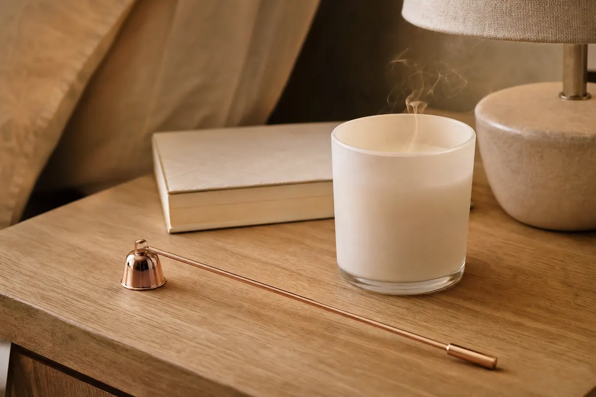 Éteignoir à bougie or rose posé sur une table de chevet à côté d'une bougie en pot tout juste éteinte