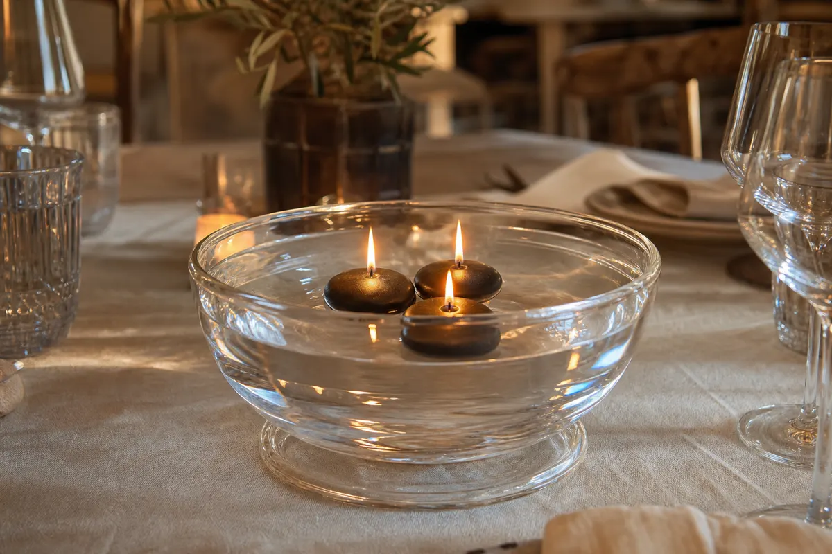 Trois bougies flottantes noires allumées dans une coupe en verre remplie d'eau, sur une table en bois dressée
