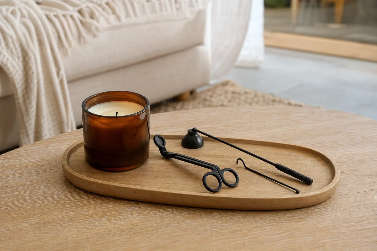Coupe-mèche, éteignoir à cloche et plongeur en acier noir sur un plateau en bois, près d'une bougie en pot