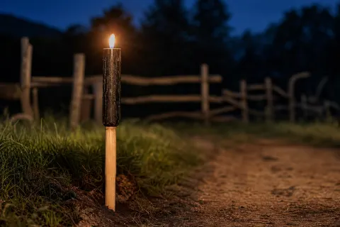 Torche en cire noire sur manche de bois allumée et plantée au bord d'un chemin de campagne