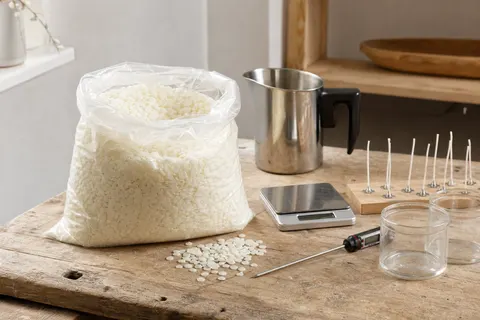 Sac ouvert de flocons de cire de soja sur un établi avec pichet en inox, thermomètre et pots en verre