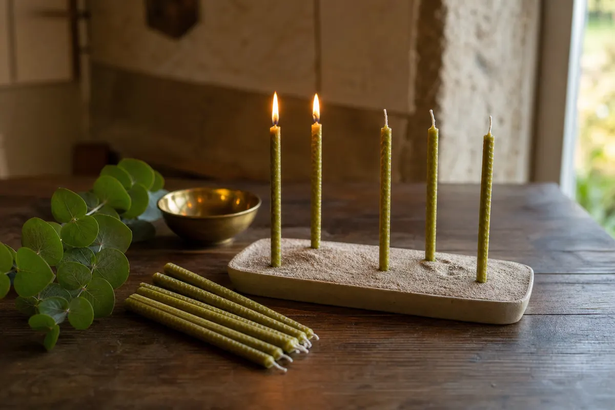 Fines chandelles vertes en cire d'abeille plantées dans du sable, deux allumées, sur une table en bois