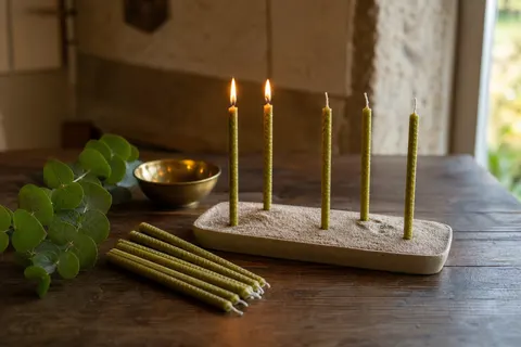 Fines chandelles vertes en cire d'abeille plantées dans du sable, deux allumées, sur une table en bois