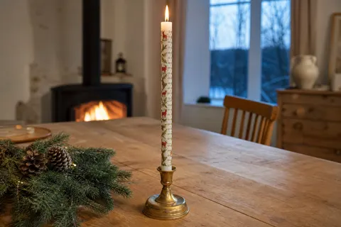 Chandelle de l'Avent illustrée de cerfs et de renards, graduée de 1 à 24, dressée dans un bougeoir en laiton