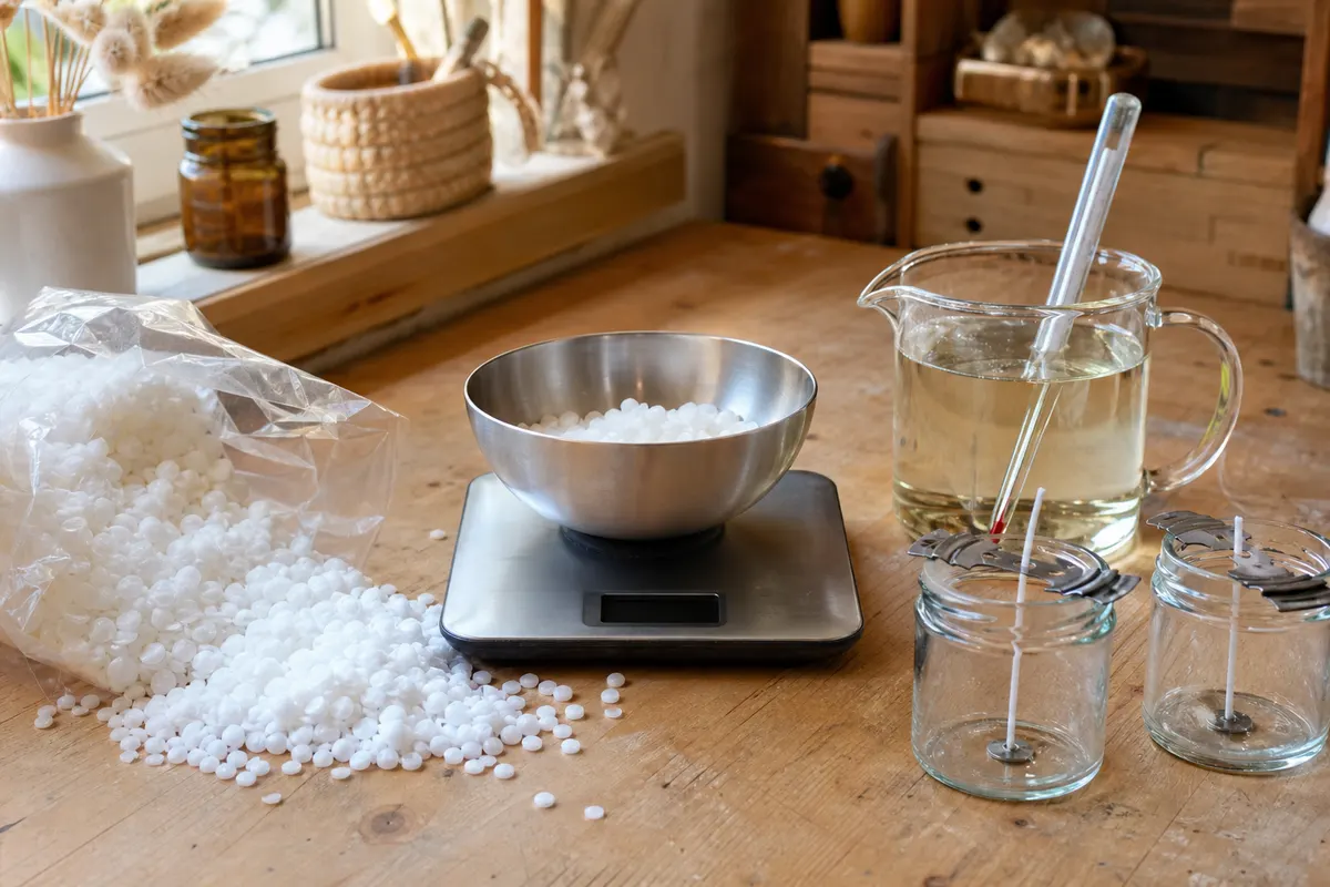 Granulés de paraffine blanche versés dans un bol en inox, avec pichet de coulée et pots à bougies