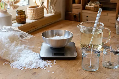 Granulés de paraffine blanche versés dans un bol en inox, avec pichet de coulée et pots à bougies