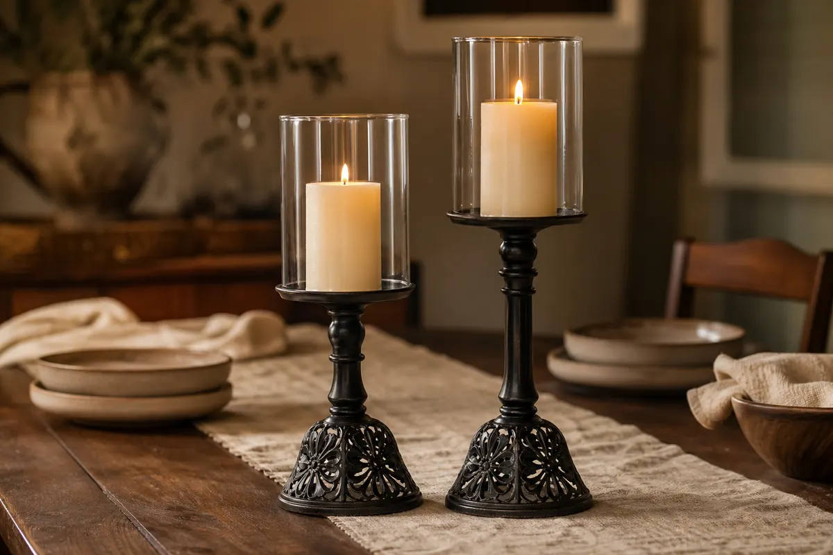 Deux bougeoirs noirs à cheminée de verre, de hauteurs différentes, bougies piliers allumées sur une table en bois