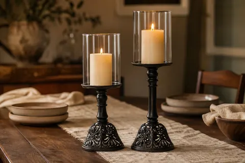 Deux bougeoirs noirs à cheminée de verre, de hauteurs différentes, bougies piliers allumées sur une table en bois