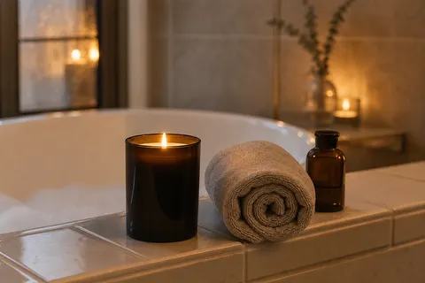 Bougie parfumée en verre noir allumée sur le rebord carrelé d'une baignoire