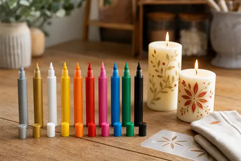 Dix stylos de peinture pour bougies sur un établi avec deux bougies ivoire décorées de motifs dorés