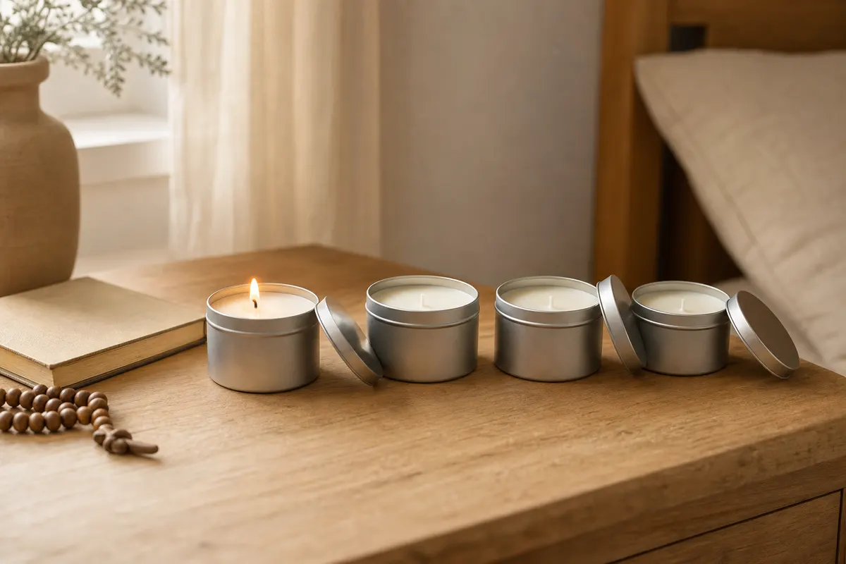 Quatre bougies de soja en pots métalliques sur une table de chevet en bois, une flamme allumée