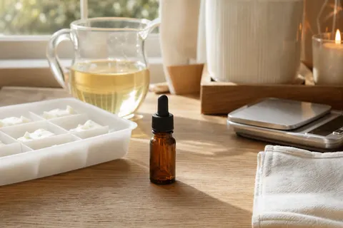 Flacon ambré d'huile parfumée coton frais sur un plan de travail avec fondants de cire et linge blanc