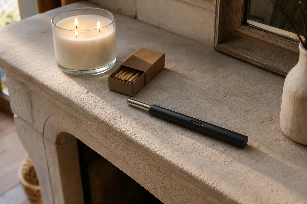 Briquet long en aluminium noir posé sur un manteau de cheminée en pierre à côté d’une bougie en pot à trois mèches