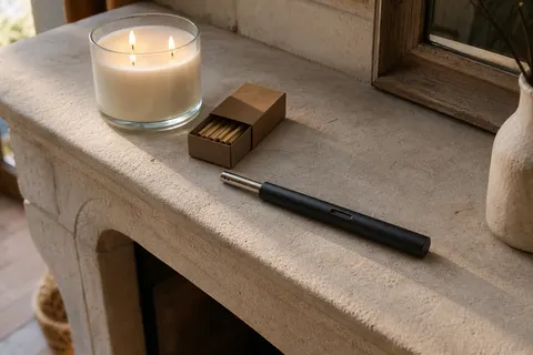 Briquet long en aluminium noir posé sur un manteau de cheminée en pierre à côté d’une bougie en pot à trois mèches
