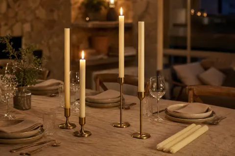 Bougies à tige ivoire de 25 cm dans des bougeoirs en laiton sur une table en lin