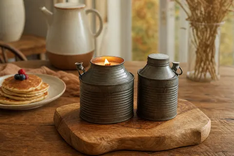Deux bougies en canette métallique au sirop d'érable, dont une allumée à mèche en bois, sur une table