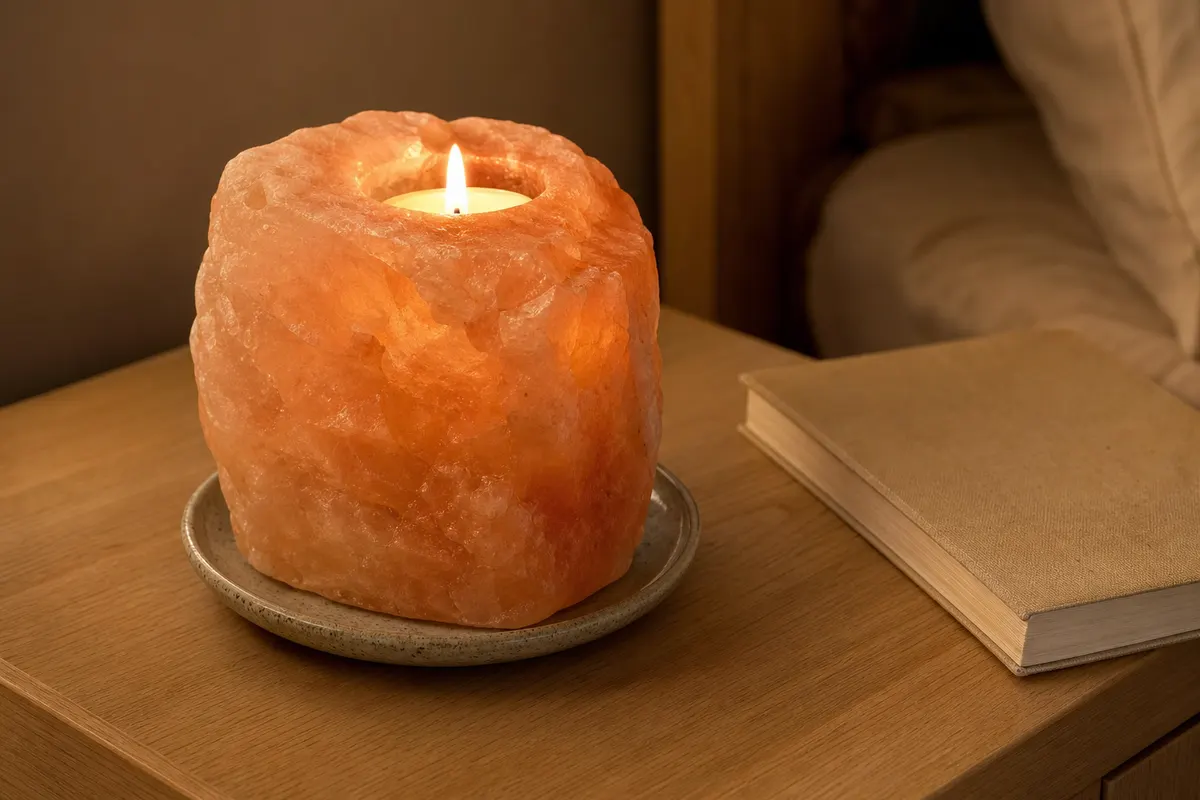 Bougeoir brut en sel de l'Himalaya rose orangé éclairé de l'intérieur par une bougie chauffe-plat, sur une table de chevet