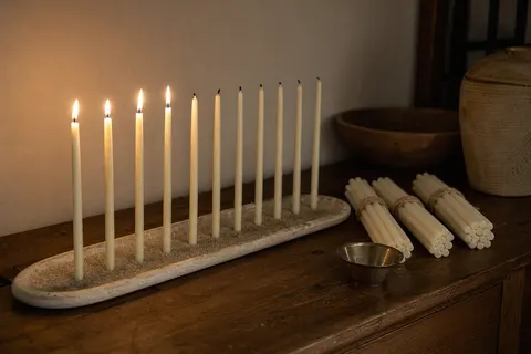 Chandelles blanches en cire d'abeille alignées dans un plat de sable, quatre allumées, sur une commode