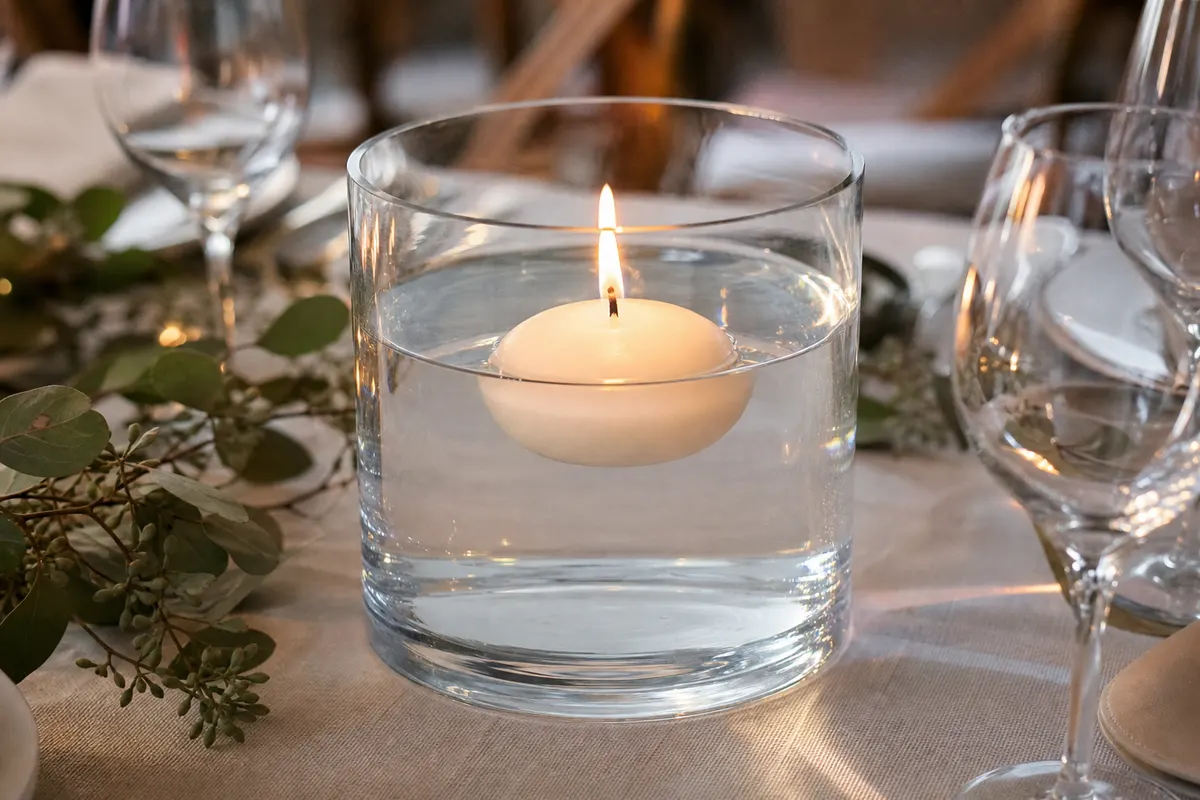 Grande bougie flottante blanche allumée dans un vase en verre rempli d'eau, sur une table nappée de lin