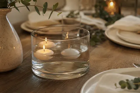 Bougies flottantes blanches allumées dans un vase en verre rempli d'eau sur une table dressée