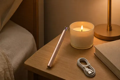 Allume-bougie électrique à arc rose doré posé sur une table de chevet en bois clair près d’une bougie en pot blanc