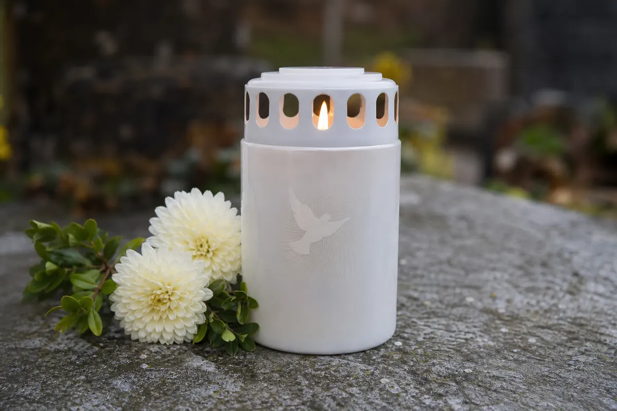 Bougie de souvenir blanche à couvercle, motif colombe, allumée sur une dalle de pierre près de fleurs blanches