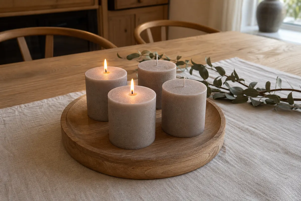 Quatre bougies piliers rustiques gris taupe sur un plateau en bois clair, deux allumées sur une table basse