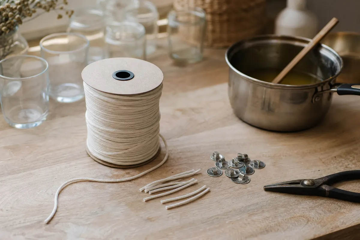 Bobine de mèche en coton et socles métalliques posés sur un établi d'atelier avec des pots en verre vides