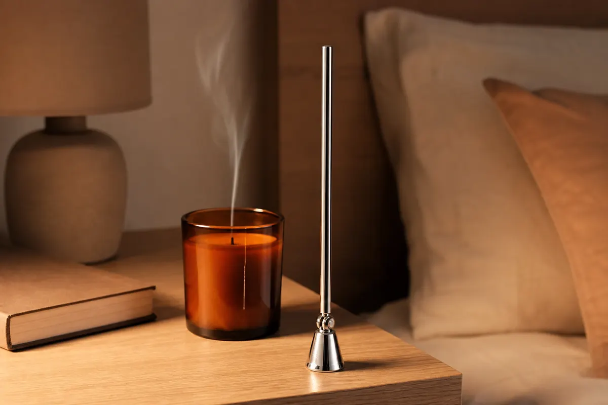 Éteignoir en acier poli à long manche au-dessus d'une bougie en pot, sur une table de chevet en bois clair