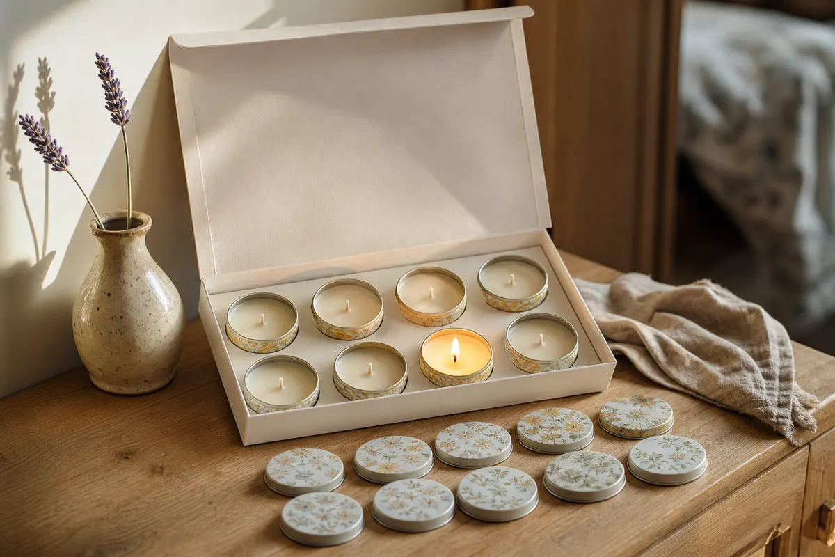 Coffret de huit bougies parfumées en boîtes métalliques décorées posé sur une commode en bois
