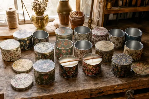 Seize pots à bougies ronds en fer blanc à motifs, couvercles ouverts, alignés sur un établi d'atelier