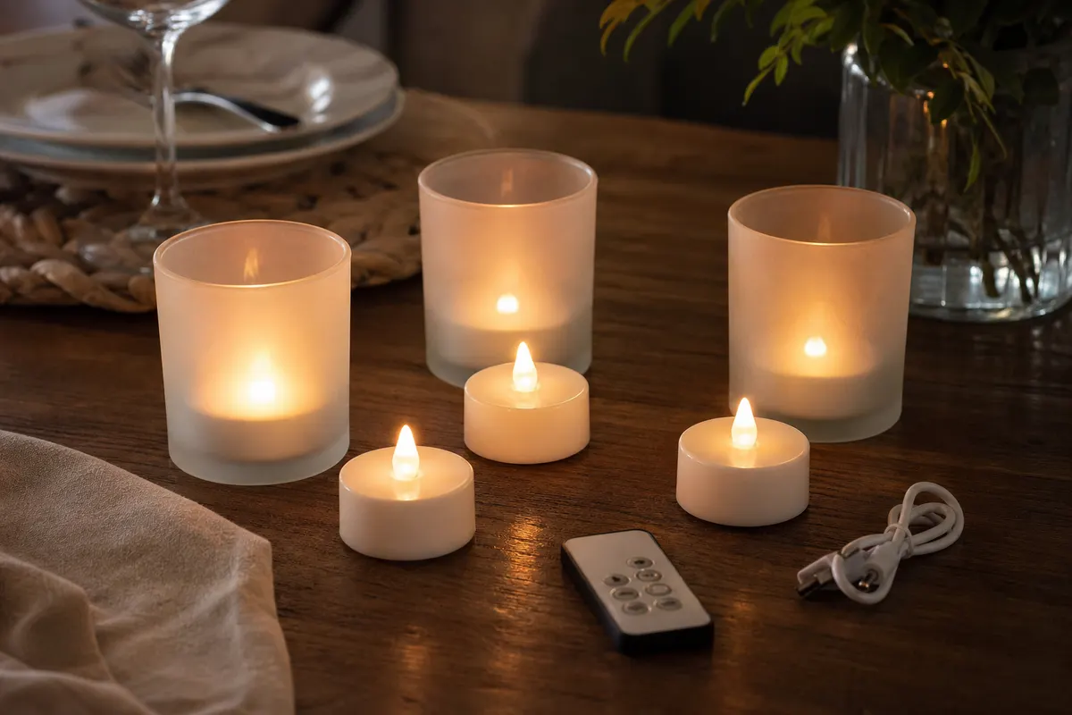 Six bougies chauffe-plat LED rechargeables allumées sur une table en bois, avec leur câble USB et la télécommande