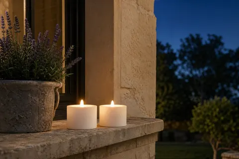Deux bougies solaires blanches allumées sur l'appui en pierre d'une fenêtre extérieure, à la tombée de la nuit