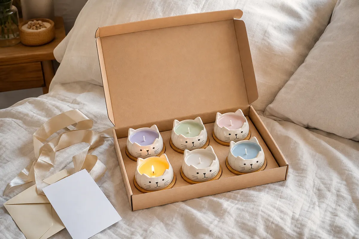 Coffret ouvert de six petites bougies parfumées en pots chat posé sur un lit en lin