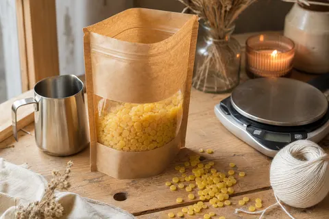 Sachet kraft ouvert de pastilles de cire d'abeille jaune sur un établi en bois avec un pichet en inox