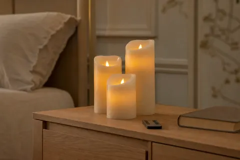 Trois bougies LED en cire ivoire allumées sur une commode en bois clair, avec leur télécommande, au crépuscule