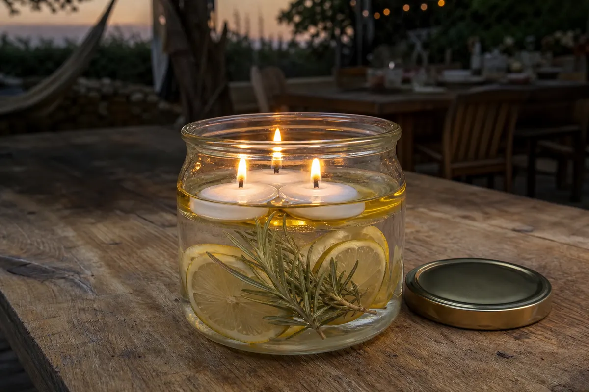 Trois flotteurs à mèche allumés sur une couche d'huile dans un bocal en verre, sur une table de jardin