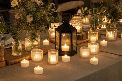 Nombreuses bougies chauffe-plat LED blanches allumées sur une longue table de fête en lin clair, le soir