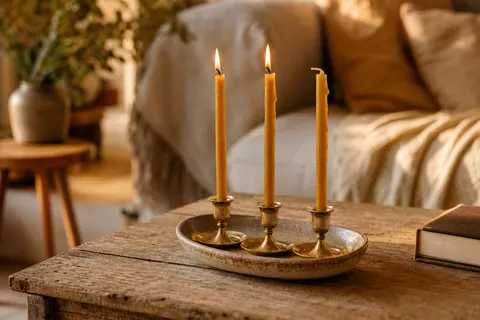 Fines chandelles de cire d'abeille dorée dans des bougeoirs en laiton sur une table en bois brut