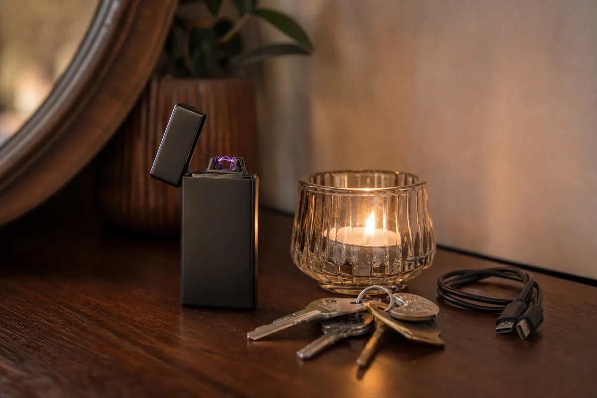 Briquet électrique noir givré à double arc posé sur une commode en bois près d’une bougie chauffe-plat allumée