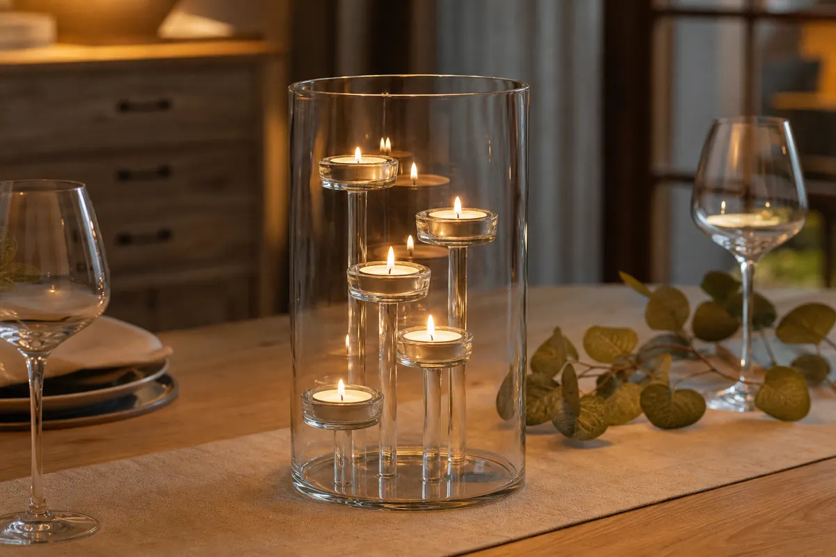 Photophore cylindrique en verre avec cinq bougies chauffe-plat allumées à des hauteurs différentes sur une table