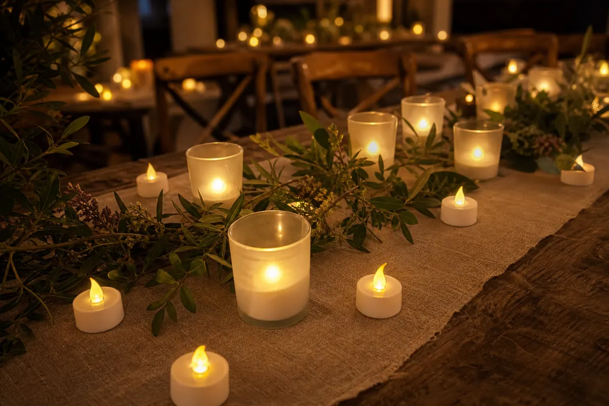 Bougies chauffe-plats LED à lumière jaune dans des photophores en verre sur une table de fête décorée de feuillage