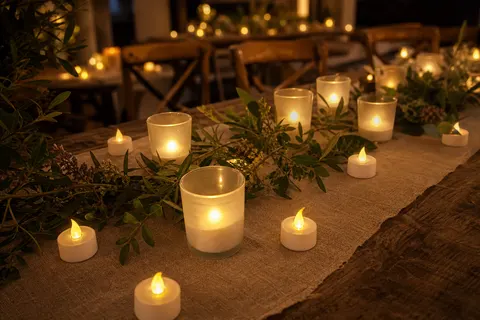 Bougies chauffe-plats LED à lumière jaune dans des photophores en verre sur une table de fête décorée de feuillage
