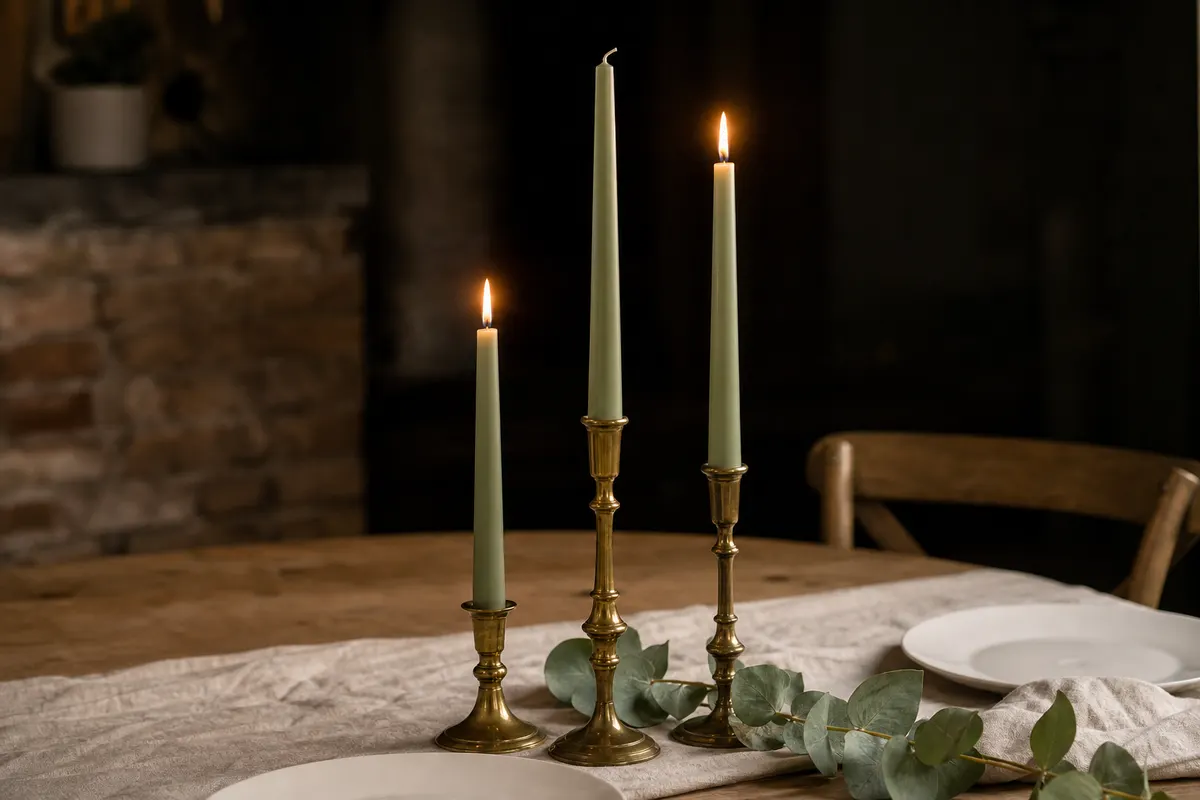 Trois bougies coniques vertes de 25 cm dans des bougeoirs en laiton sur une table en bois