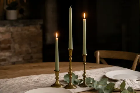 Trois bougies coniques vertes de 25 cm dans des bougeoirs en laiton sur une table en bois