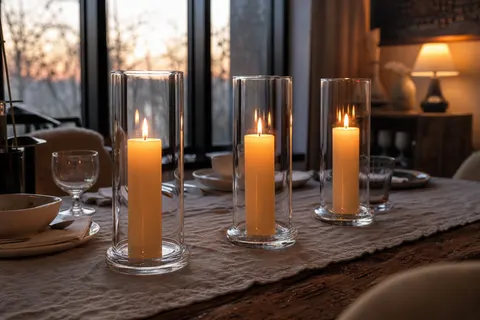 Trois photophores ouragan en verre avec chandelles ivoire allumées, alignés sur une table en lin