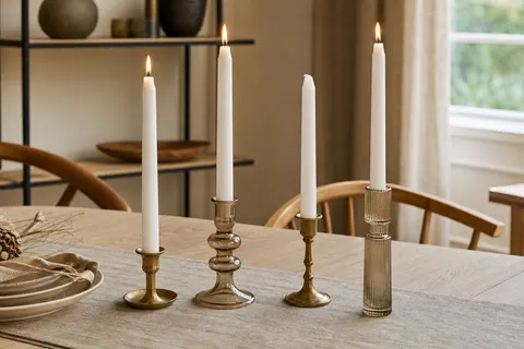Quatre bougies coniques blanches de 23 cm dans des bougeoirs dépareillés sur une table en bois