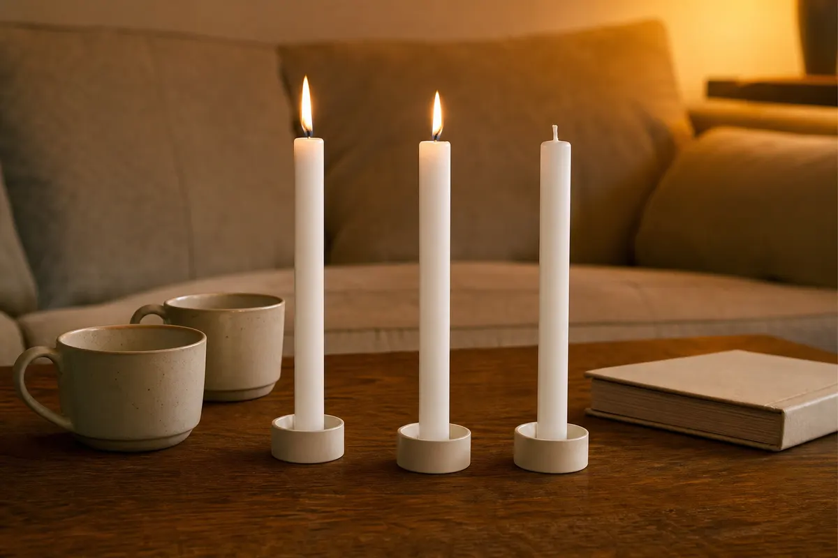 Trois bougies coniques blanches de 17 cm dans des bougeoirs bas sur une table basse en bois
